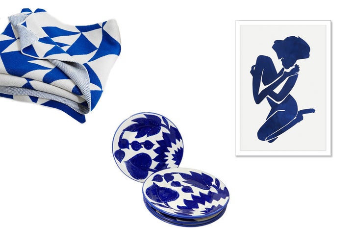 Wall Art: Elizabeth Lever, Indigo Elena, $269; onekingslane.comThrow: Happy Habitat Geometric Throw, $160; westelm.comPlates: Le Souk Ceramique Jinane Design Side Plates, $36.99 for set of 4; overstock.com