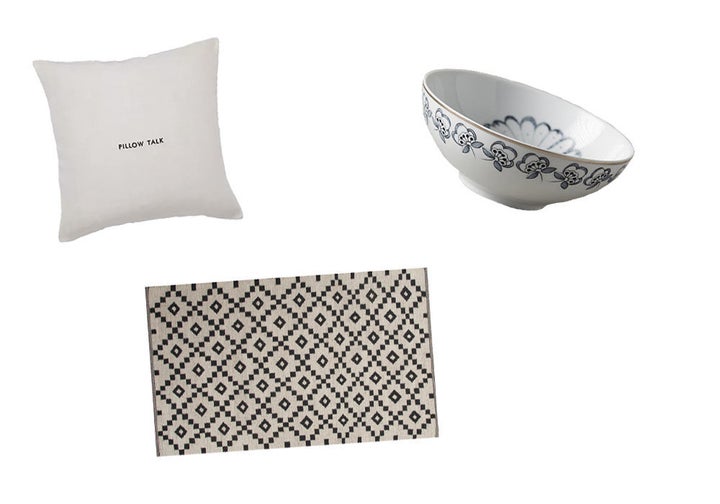 Rug: Jaipur Rugs Scandinavia Nordic Ivory & Black Area Rug, $72, wayfair.comPillow: Pillow Talk Decorative Pillow, $50; katespade.comBowl: Greenwich Cereal Bowl, $20; anthropologie.com