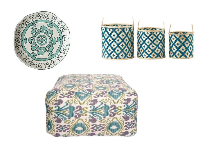 Pouf: Virginia Pouf, Ivory/Multi, $115; onekingslane.comPlate: Gloriosa Side Plate, $14; anthropologie.comBaskets: Three Hands Bamboo Baskets, $59.99; tjmaxx.com