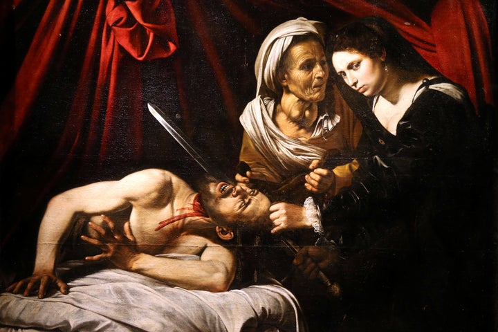 A detail of a painting entitled "Judith Beheading Holofernes" is pictured during its presentation in Paris, France, April 12,