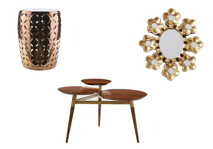 <strong>Table: </strong>Clover Coffee Table, $199; <a href="http://www.westelm.com/products/clover-coffee-table-walnut-antique-brass-h1486/?pkey=ccoffee-side-tables%7Ccoffee-tables%7C" target="_blank">westelm.com</a><br /><strong><br />Stool</strong>: Chantilly Ceramic Garden Stool in Tan, $125; <a href="https://www.onekingslane.com/p/4420556-chantilly-ceramic-garden-stool-tan" target="_blank">onekingslane.com</a><br /><br /><strong>Mirror</strong>: Peruvian Artisan Mirror, $59; <a href="http://www.westelm.com/products/peruvian-artisan-mirrors-w1180/?pkey=cdecorative-mirrors%7C%7C" target="_blank">westelm.com</a>