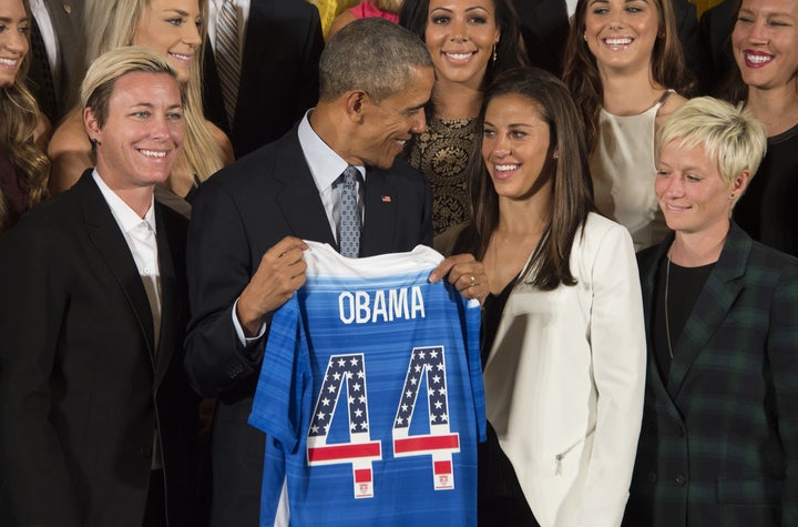 Here's President Barack Obama celebrating the U.S. Women's National Team winning the World Cup in 2015. They earned $2 million for it, but the men's team earned $9 million for losing in Round 16.