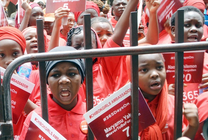 Children press for the release of 219 schoolgirls abducted by Boko Haram, on April 14, 2015. Nigeria's president cautioned he could not make promises on the return of the schoolgirls, as the country marked the first anniversary of their abduction.