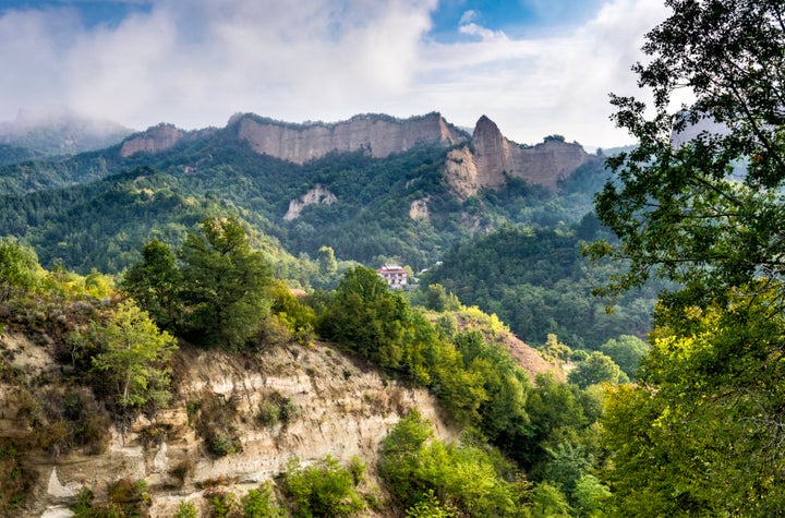 Sandstone rocks in Pirin Mountains near Rozhen Monastery.