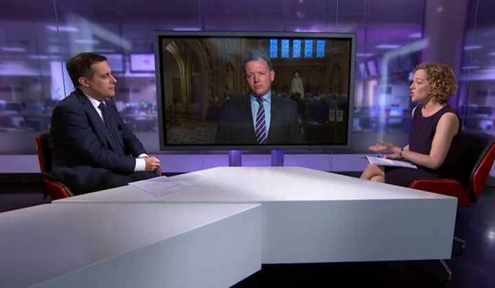 Evan Harris (left) was being interview by Channel 4 News' Cathy Newman (right), alongside Tory MP Damian Collins (centre).