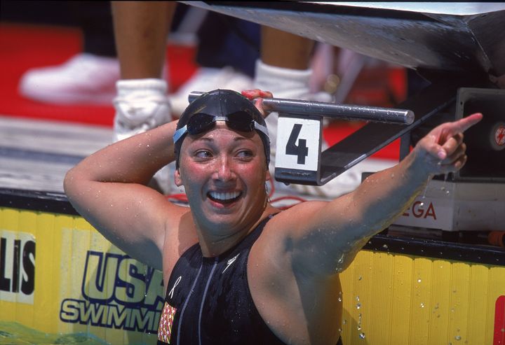 Amy Van Dyken smiles after the Women's 50 meter Freestyle Finals during the U.S. Olympic Swim Trials in Indianapolis in 2000.