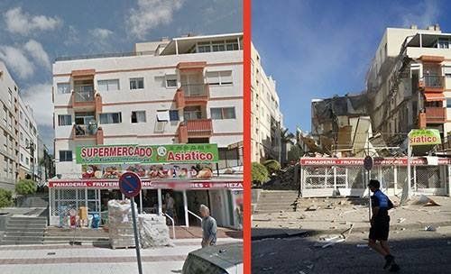 A before and after of the affected building