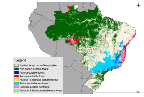 Dark green represents forests not suitable for growing coffee. Different colors represent areas where certain types of coffee, such as Arabica or Robusta, can be grown. 