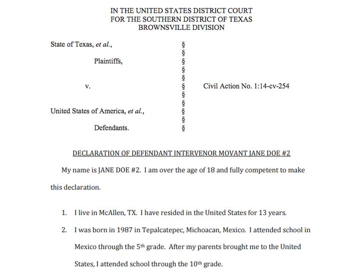 Affidavit of Jane Doe #2, filed in federal court in January 2015, requesting permission to participate in the case now called United States v. Texas.