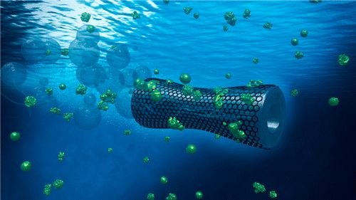 An illustration of a self-propelled "microbot" that could be used to capture, transfer and remove heavy metals from water.