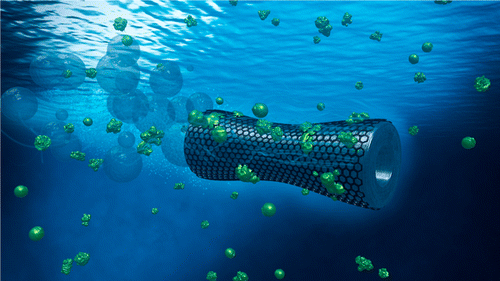 An illustration of a self-propelled "microbot" that could be used to capture, transfer and remove heavy metals from water.