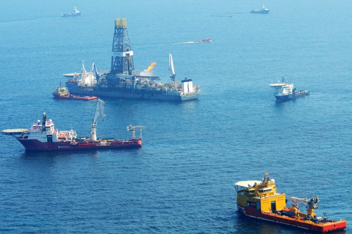 Offshore supply vessels assist and observe the worksite of the Deepwater Horizon oil rig explosion May 17, 2010 in the Gulf of Mexico off the coast of Louisiana.