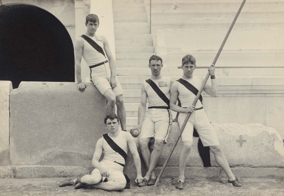 A new exhibition in Greece is taking visitors back to the first modern Olympic Games in 1896. Here, American athletes from Princeton University pose in front of the Panathenaic Stadium in Athens.