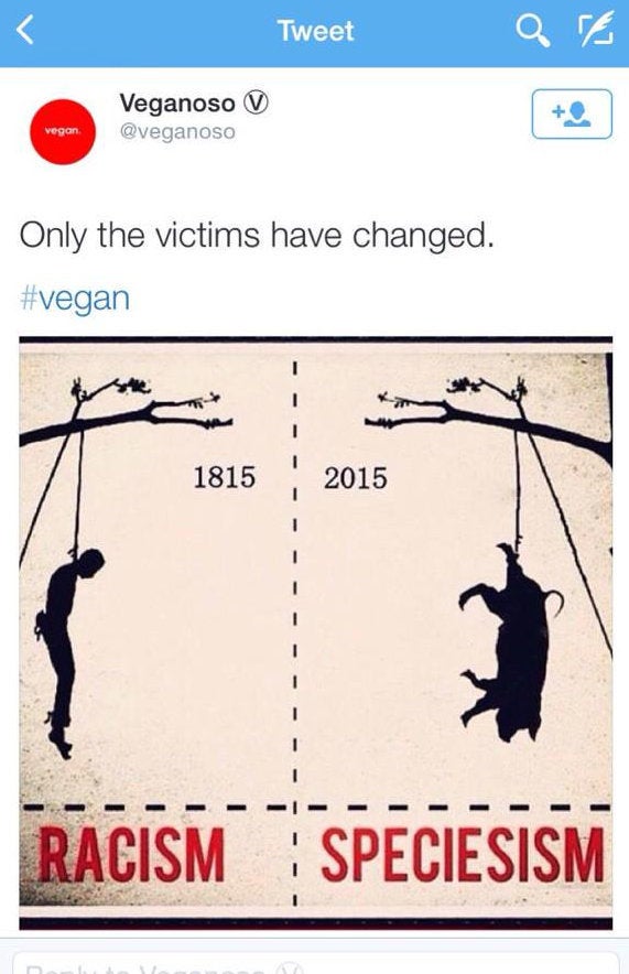 Veganoso, a Twitter account that advocates for animal rights, tweeted this photo comparing a lynched black man to a slaughtered pig in 2015. It as since deleted it.