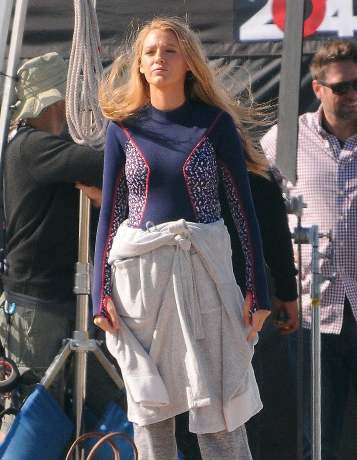 Actress Blake Lively is spotted filming some extra scenes for 'The Shallows' on the beach in Los Angeles, California on April 12, 2016.