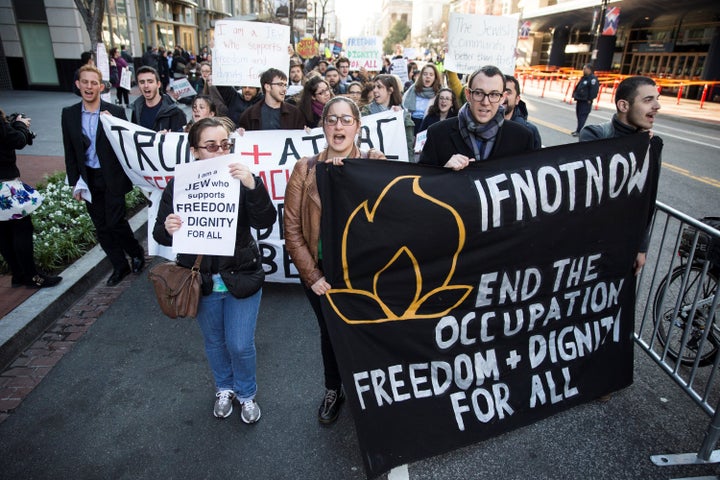 If Not Now protesters gathered outside of the Verizon Center where Donald Trump and other Republican Presidential candidates spoke during the American Israeli Public Affairs Committee convention in Washington, USA on March 21, 2016.