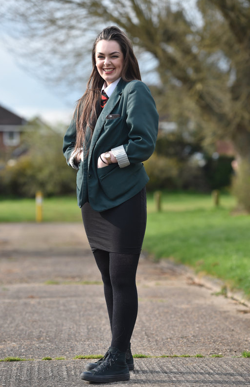 Chloe Hirst wearing the skirt she was sent home from school in