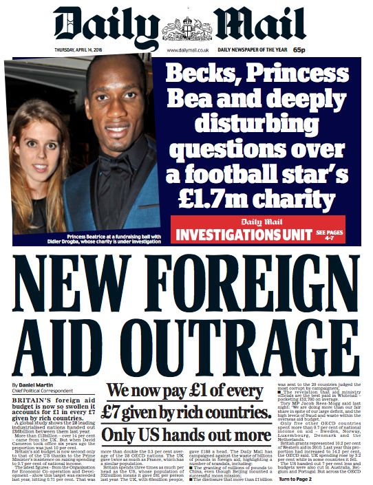 Thursday's front page of the Daily Mail: 'New foreign aid outrage'
