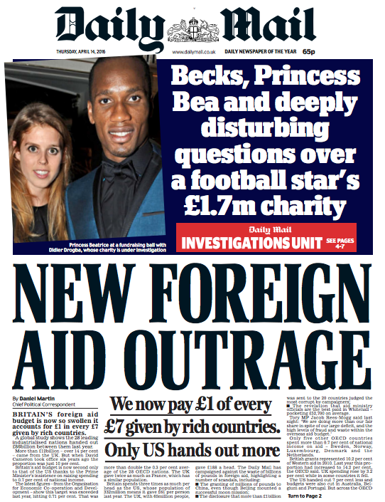 <strong>Thursday's front page of the Daily Mail: 'New foreign aid outrage'</strong>