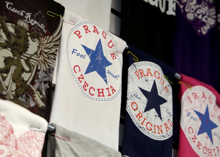 A t-shirt with a sign Czechia is displayed in a souvenir gift shop in central Prague, Czech Republic, April 14, 2016.