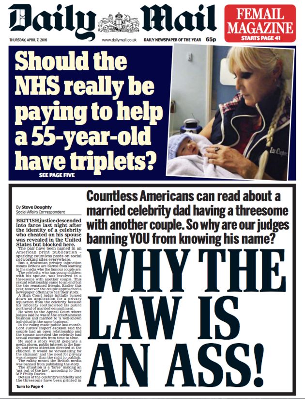 The front page of the Daily Mail on Thursday April 4