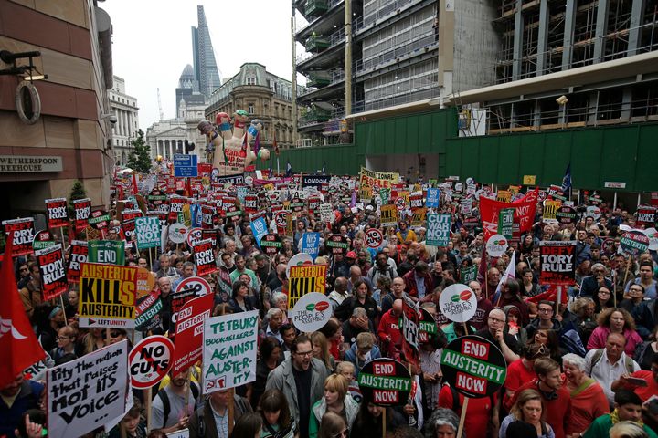 <strong>Demonstrators march during an anti-austerity protest in central London, Britain June 20, 2015</strong>