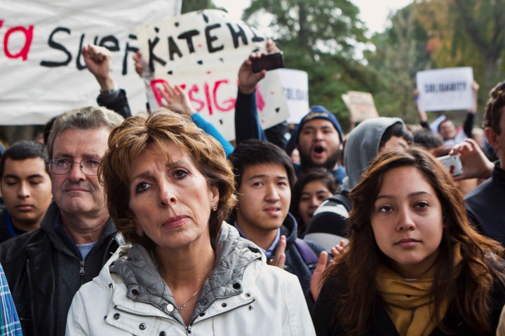 UC Davis Chancellor Linda Katehi waits to speak to students at an Occupy UCD rally on campus in Davis, Califonia November 21, 2011. 