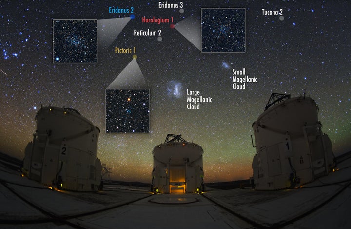 The Large Magellanic Cloud and other orbiting galaxies are seen at the Paranal Observatory in the Atacama Desert in