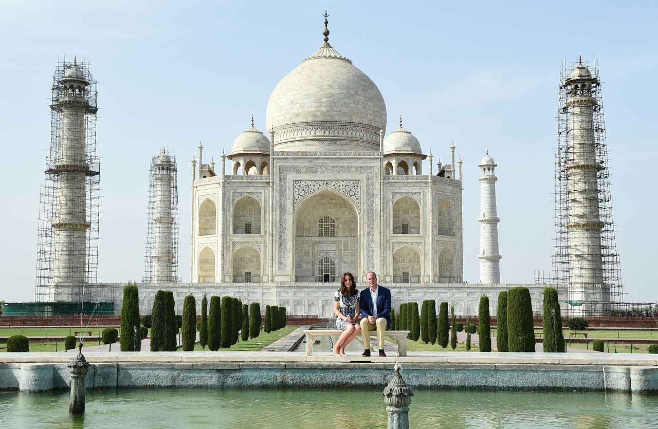Prince William, Duke of Cambridge and Catherine, Duchess of Cambridge pose at The Taj Mahal in Agra.