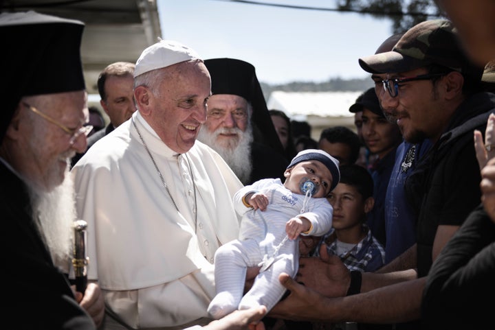 Pope Francis meets migrants at the Moria detention centre on April 16, 2016 in Mytilene, Lesbos, Greece.