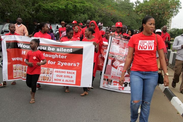 Members of the The Bring Back Our Girls movement march to press for the release of the missing Chibok schoolgirls on the second anniversary of their abduction on April 14, 2016, during a rally in Abuja.