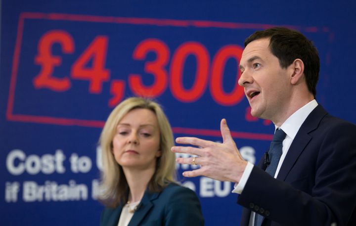 Environment Secretary Liz Truss with Chancellor of the Exchequer George Osborne during his speech today