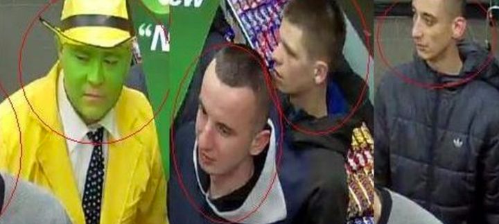 Police also want to speak with these men seen with the man in costume