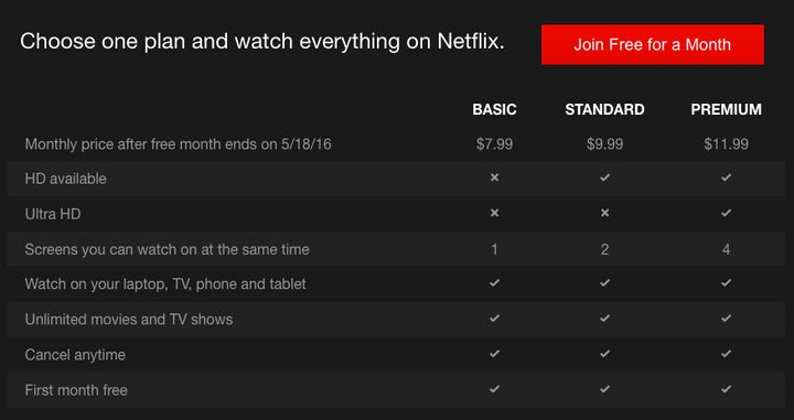 A chart from Netflix explains the service's pricing structure.