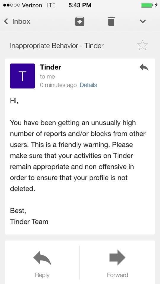 A warning from Tinder that multiple trans people have received after being reported too many times.