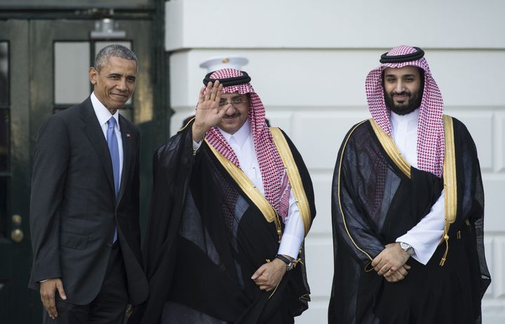 U.S. President Barack Obama welcomes Saudi Crown Prince Mohammed bin Nayef (C) and Deputy Crown Prince Mohammed bin Sultan (R) to the White House in Washington, DC, on May 13, 2015.