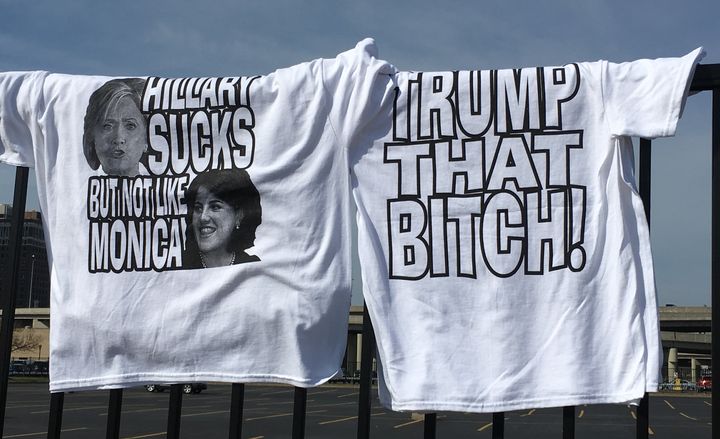 T-shirts sold outside the Trump event. There were vendors stretching down the block peddling various Trump-themed items.