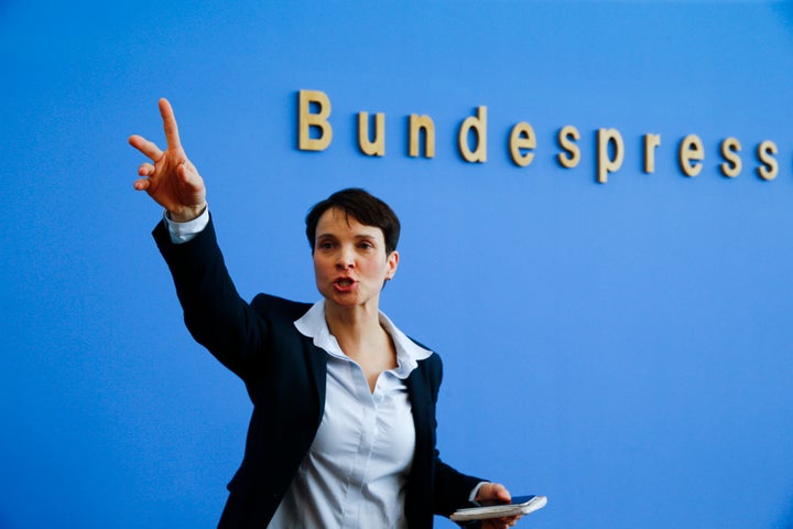 Frauke Petry, chairwoman of the anti-immigration Alternative for Germany party, speaks in Berlin on March 14, 2016. The party's proposed ban on minarets and burkas has angered leading German Islamic groups.