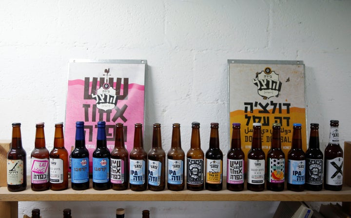 Beer produced by Herzl Brewery are displayed at the brewery in Jerusalem.