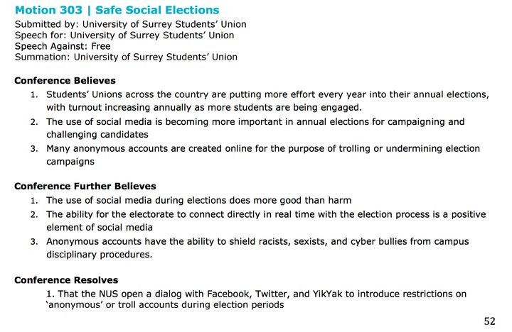 Motion 303: Safe Social Elections as debated during Tuesday's session of the NUS national conference