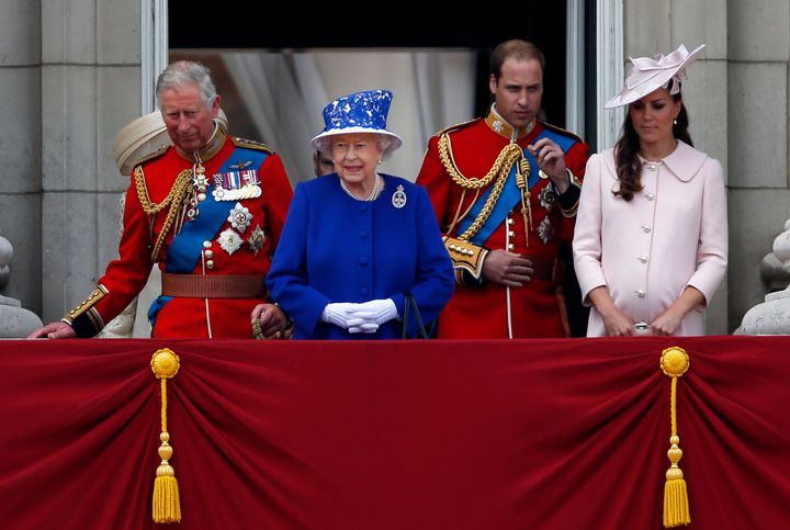 Queen Elizabeth II on her birthday in 2013 with Prince William, The Duchess of Cambridge and Prince Charles
