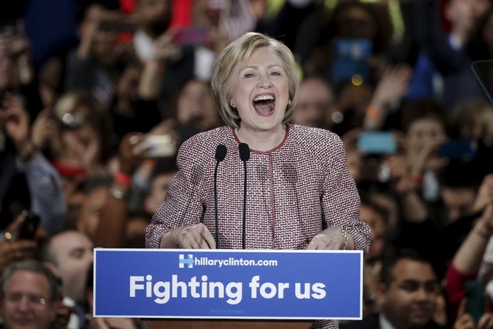 U.S. Democratic presidential candidate Hillary Clinton reacts to the cheers of the crowd at her New York presidential primary