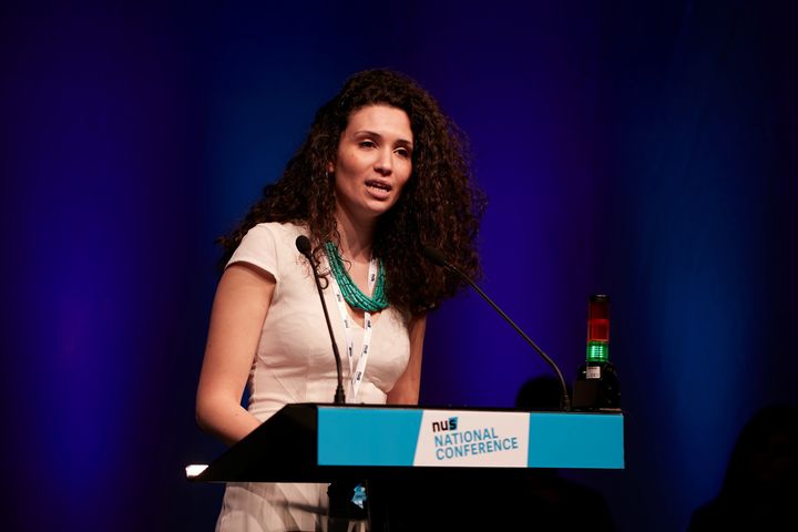 Newly-elected NUS president Malia Bouattia delivering a speech on Wednesday