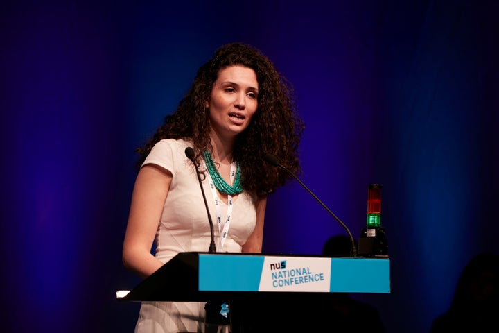 President-elect Malia Bouattia delivering a speech ahead of her election victory on Wednesday