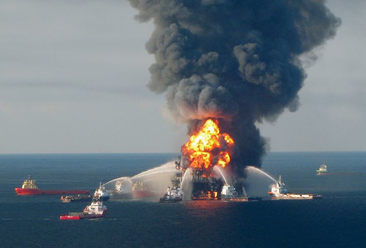 Fire boat response crews battle the blazing remnants of the offshore oil rig Deepwater Horizon, off Louisiana, in this April 21, 2010, file handout image.