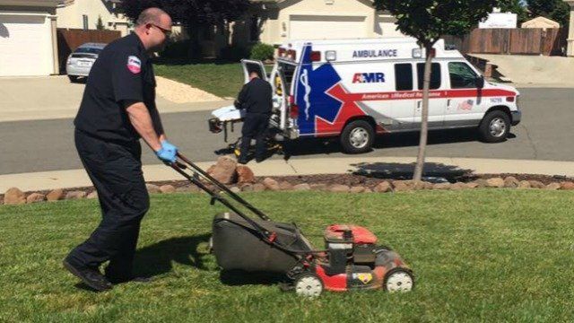 When an 87-year-old man in Lincoln, Calif., passed out while mowing his lawn, EMT Chris Spires finished the job.