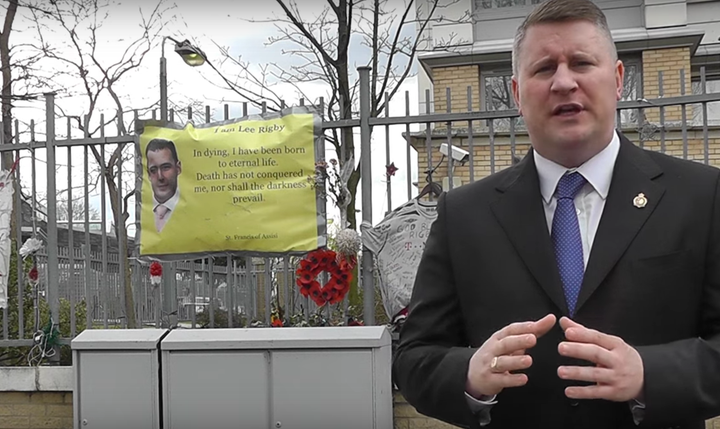 Britain First's London mayoral candidate Paul Golding at Woolwich, where 25-year-old soldier Lee Rigby was murdered.