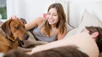 Couple laying in field with dog
