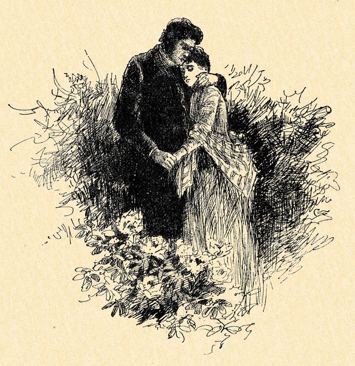 Mr Rochester and Jane Eyre. Caption reads: 'Are you happy, Jane ?' Illustrated by Edmund Henry Garrett.