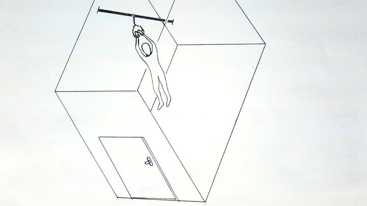 A drawing by Mohamed Ahmed Ben Soud, who was forced to hang naked from a metal rod by his arms for a day and a half.